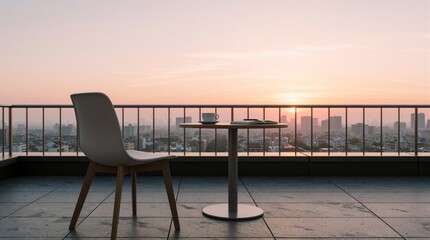 Fototapeta premium Modern minimalist setting on rooftop terrace at sunrise. White chair faces round table with coffee cup, open book. Cityscape unfolds beyond glass railing under hazy pastel sky. Tranquil light bathes