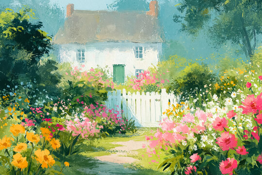 Traditional cottage with a blooming flower garden and white picket fence. Artistic illustration showcasing a beautiful tranquil scene
