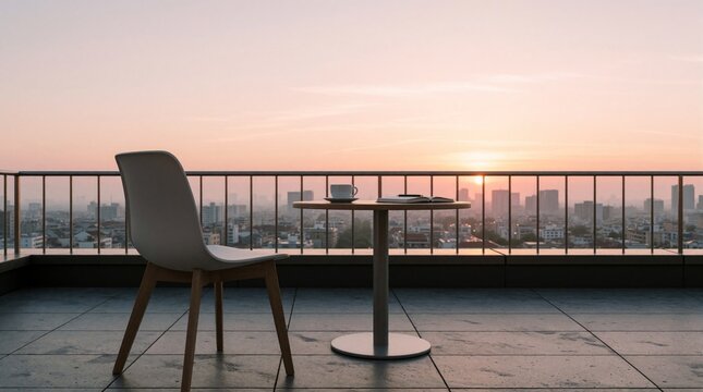 Modern minimalist setting on rooftop terrace at sunrise. White chair faces round table with coffee cup, open book. Cityscape unfolds beyond glass railing under hazy pastel sky. Tranquil light bathes