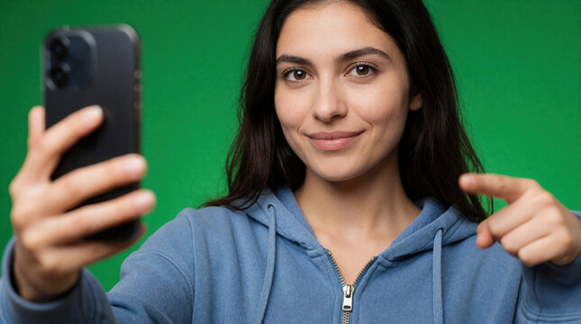 Young brunette woman holds smartphone for selfie against green background. Smiling lady points finger at phone screen using mobile device. Pretty female student enjoys social media, texting video