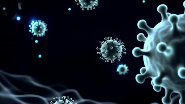 Microscopic view of viruses floating in dark space, showcasing their structure and movement through a biological environment with glowing particles surrounding them