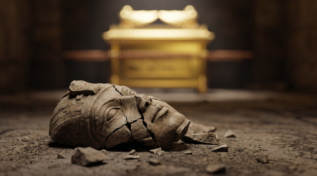 The idol of Dagon miraculously falling face-down on the stone floor, its head and hands broken off before the Ark of the Covenant