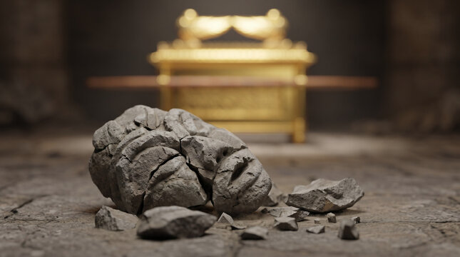 The idol of Dagon miraculously falling face-down on the stone floor, its head and hands broken off before the Ark of the Covenant