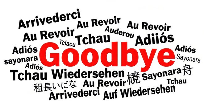 Multilingual Goodbye Word Cloud Illustration with Red English Text and Black International Translations
