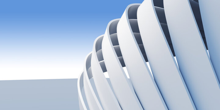 Abstract 3D Render of Minimalist Curved White Architectural Ribbed Spiral Dome Structure on Clean Blue Gradient Background
