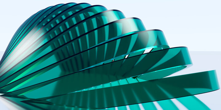 Abstract 3D Render of Minimalist Curved Translucent Teal Glass Architectural Ribbed Spiral Dome Structure on White Background