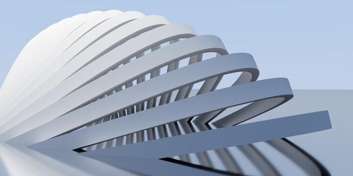 Abstract 3D Render of Minimalist Curved White and Gray Architectural Ribbed Spiral Dome Structure on Clean Blue Gradient Background