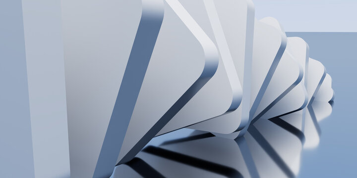 Abstract 3D Render of Minimalist Twisted White Geometric Rounded Square Plates Spiral Structure on Reflective Light Blue Floor and Background