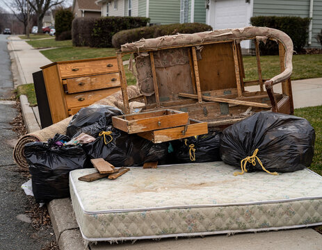 A bulky waste pile from a household renovation and cleanup project, consisting of old furniture and trash bags outdoors.