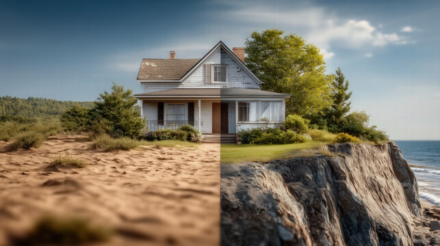 Split-scene illustration contrasting two houses built on sand and rock in a biblical parable composition