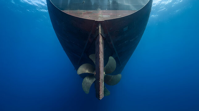 Underwater view of a large cargo ship stern with propeller and rudder in deep blue ocean