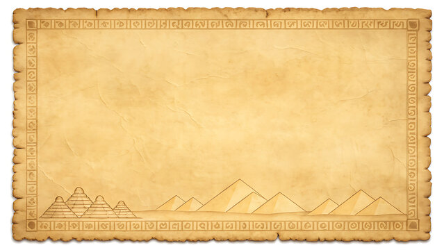 Old parchment paper with egyptian pyramid illustrations and ancient hieroglyphic border frame