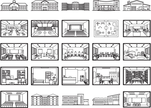 A collection of architectural illustrations depicting various institutional buildings and their interior spaces. This includes schools, auditoriums, offices, and laboratories, rendered in a clean.