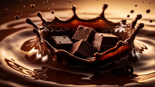 Dark chocolate cubes fall into liquid cocoa causing a large splash. Drops and waves form in the rich brown fluid. Sweet confectionery in motion.