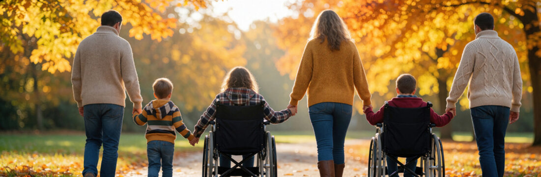 Diverse family walks together in autumn park. Parents hold hands with children using wheelchairs. Happy group enjoys sunny fall day outdoors. Inclusive lifestyle concept shows love, support for