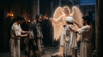 Obraz premium Zechariah's vision of the High Priest getting his filthy, ragged clothes replaced with rich, clean royal garments by an angel