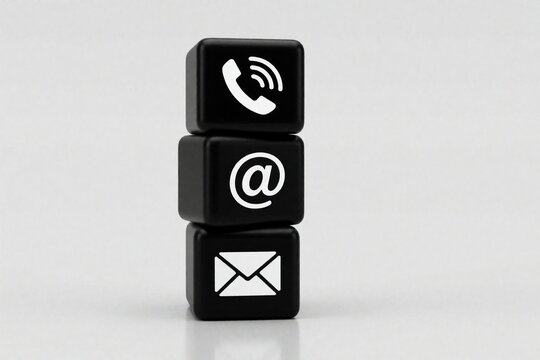 Three black cubes stacked show phone, email, and mail icons. These symbols represent contact methods for business or personal communication needs.