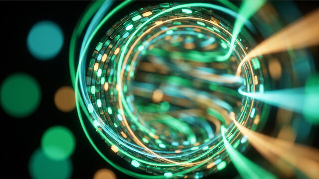 暗い夜の背景に広がるネオンモザイクのトンネルと光の粒子の波