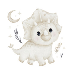 Cute watercolor baby triceratops dinosaur clipart. Little friendly dino with crescent moon and stars isolated illustration for nursery. © Tetiana Kravchenko