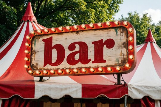 Wooden sign with word BAR in red letters framed by glowing bulbs. Vintage bar sign outside tent at outdoor event. Retro pub signage invites guests.