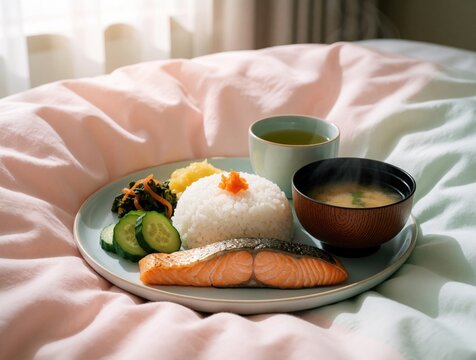 Asian breakfast meal with salmon, rice, soup and tea served on a bed. Cozy morning dining experience, fresh food presented on pastel linens, gentle sunlight streams in.