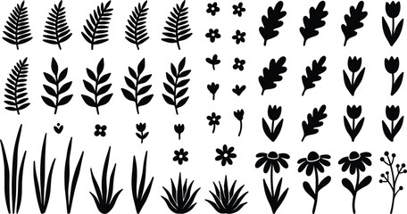 Fototapeta premium Floral silhouette icon set containing hand drawn leaves wild flowers garden grass sprigs botanical branches and natural organic plant vector graphics