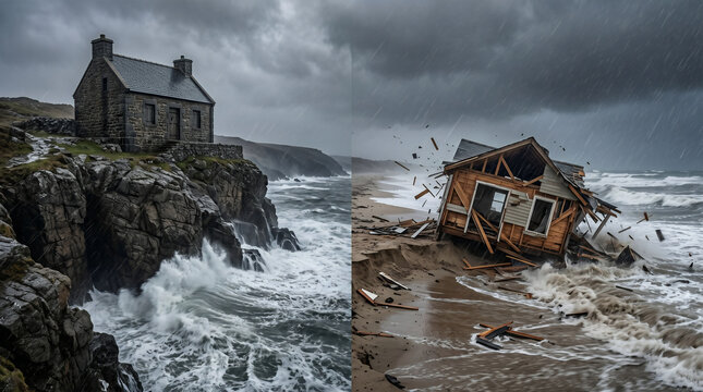 The Parable of the Wise and Foolish Builders. One stone house weathering a massive storm, while a wooden house on sand collapses