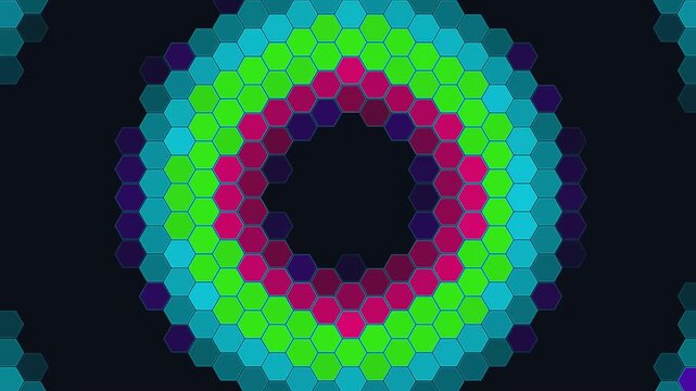 High-definition 1920x1080 15-second seamless abstract visual background featuring sci-fi energy shield hexagonal force field pulse with a vivid cyberpunk color aesthetic. Ideal for VJ loops, video edi