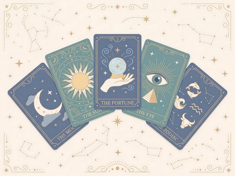 Mystical tarot cards with celestial and zodiac symbols