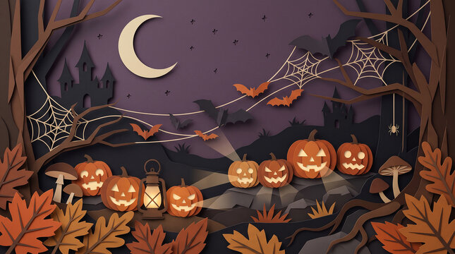Layered paper cut Halloween pumpkin border card stock photo, papercraft carved jack o lanterns white pumpkin haunted castle bats and crescent moon frame, and trick or treat greeting card illustration.