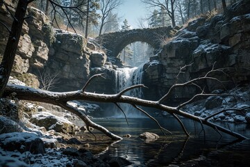 Naklejka premium Wintery landscape featuring frozen waterfall in an American park, cleared trees and scattered snow brought a picturesque view of the outdoors.