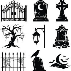 Naklejka premium Spooky Halloween Graveyard Silhouette Vector Set Tombstone Gate Raven Spooky Tree