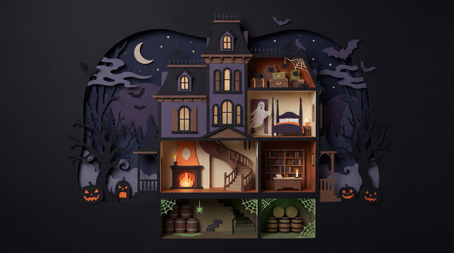 Paper cut style halloween haunted house interior cross section illustration, papercraft cutaway mansion showing spooky rooms staircase and jack o lanterns, and halloween poster design. 