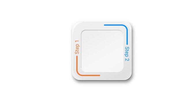 4-step process infographic template, two rounded square frames with colorful corner lines, step 1 orange, step 2 blue, step 3 purple, step 4 red, sequential workflow layout.