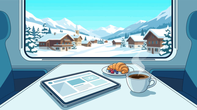 POV vector illustration of a train interior with a tablet, coffee, and croissant on a table, overlooking a scenic snowy alpine mountain village through the window in winter.
