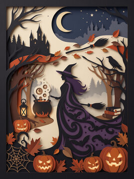 Halloween witch paper cut style illustration, papercraft witch silhouette with magic cauldron crescent moon and jack o lanterns, and spooky autumn paper craft background. Flat and modern vector design