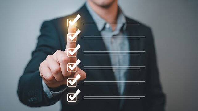 Professional Businessman Selecting Digital Task List Items on Virtual Interface for Efficient Project Management and Corporate Workflow Success