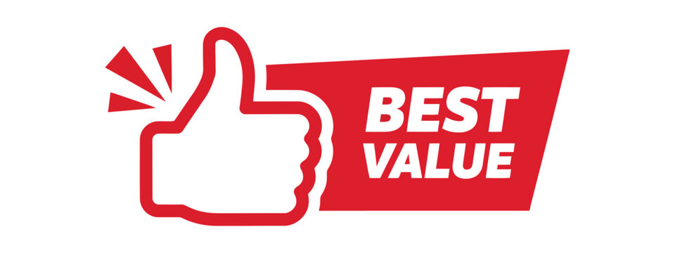 best value label with thumb up icon, simple ranking badge for quality products, trusted choice symbol, modern flat design, clean marketing sticker, promotional award emblem, vector graphic