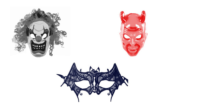 Set of scary halloween masks clown devil and lace masquerade