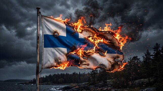 Burning Finland Flag in Flames Under a Dark Dramatic Sky
