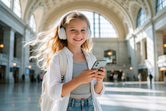 Young girl with loose hair, wearing white headphones, carrying light-colored backpack, smiles holding smartphone. Dressed in white shirt, blue jeans, standing in open, well-lit station. Happy