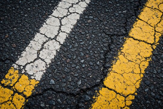 Close up view of old asphalt road texture. Cracked white, yellow paint lines on dark rough street surface. Weathered bitumen with damaged markings shows grunge pattern. Macro shot of damaged pavement
