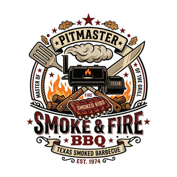 Bbq pitmaster smoke and fire vintage emblem vector illustration for grill restaurant or outdoor cooking event This retro style graphic features a barbecue smoker ribs spatula and knife