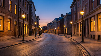 Fototapeta premium Rue historique vide éclairée au crépuscule