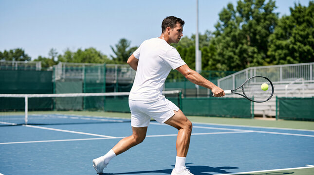 Joueur de tennis frappant la balle sur un court ext&eacute;rieur
