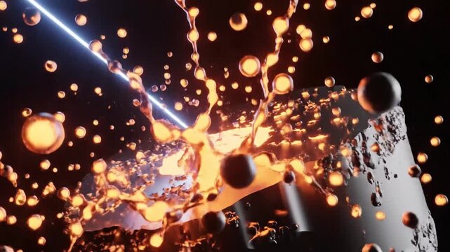Glowing Golden Liquid Splash with Floating Spheres and Laser Beam Effect in Dark Cinematic Motion Design Abstract Background