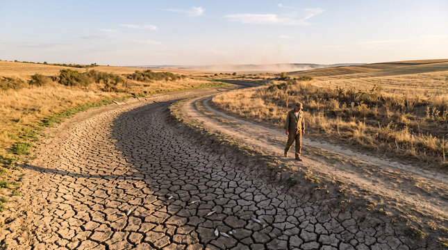 Route ass&eacute;ch&eacute;e et fissur&eacute;e traversant un paysage frapp&eacute; par la s&eacute;cheresse