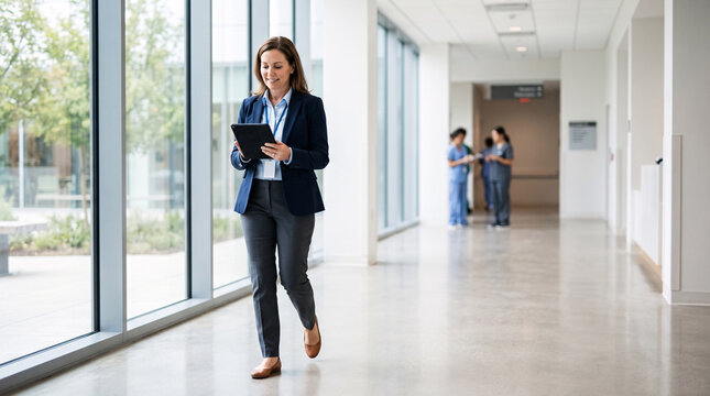 Cadre dirigeante utilisant une tablette dans le couloir d'un h&ocirc;pital