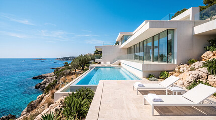 Fototapeta premium Villa contemporaine de luxe avec piscine face à la mer