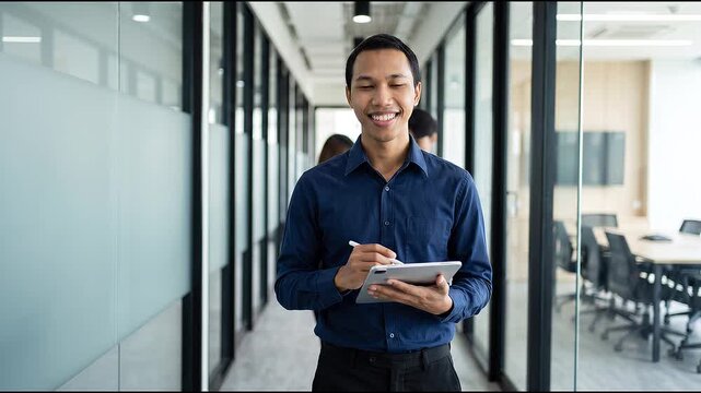 Busy young Indonesian business man executive standing in office using digital tablet. Young professional businessman corporate manager wearing suit and glasses holding tab working on finance project